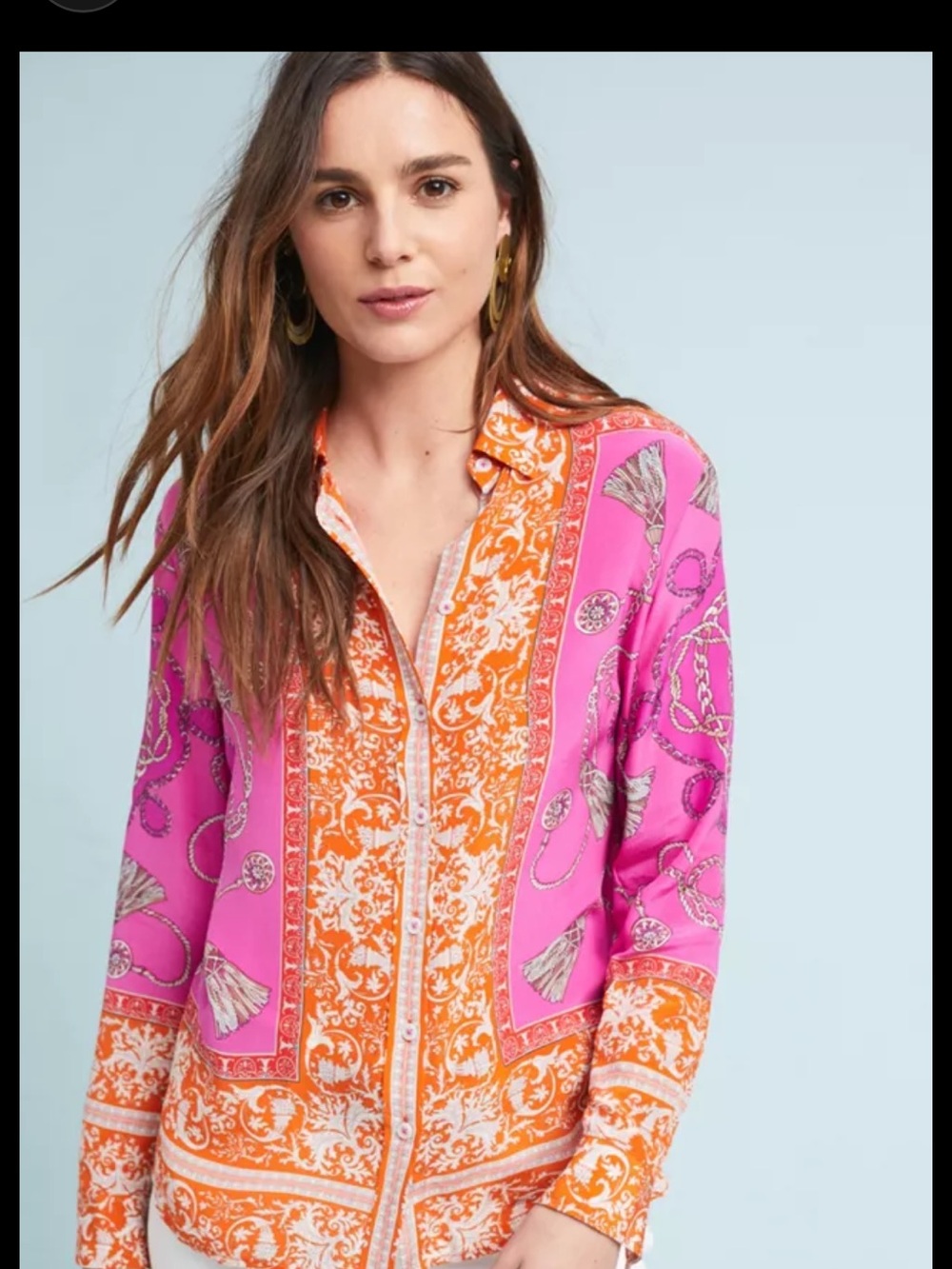 Anthropologie Maeve Potala Silk Buttondown Blouse Scarf Print - Size 6
